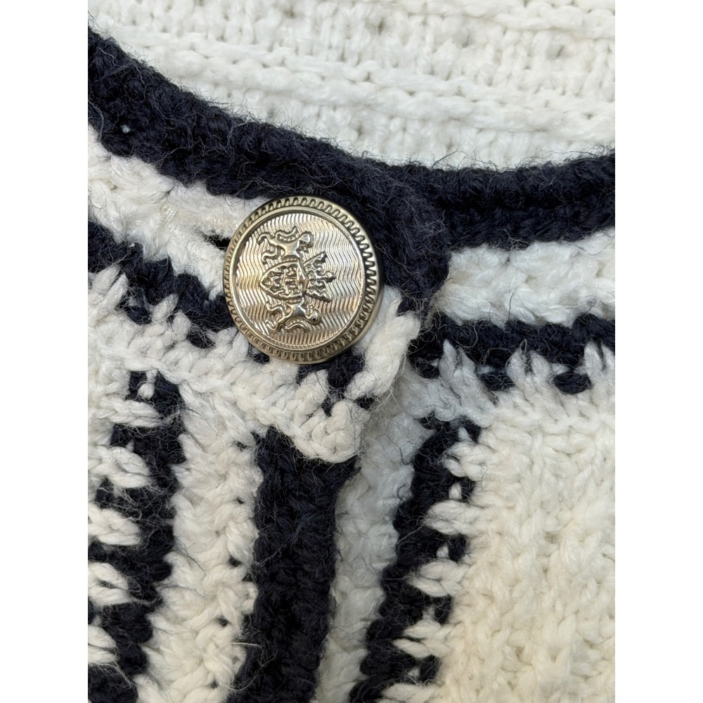 J Jill Wearever White Navy Textured Knit Cardigan Sweater S Tall Nautical - Picture 9 of 15